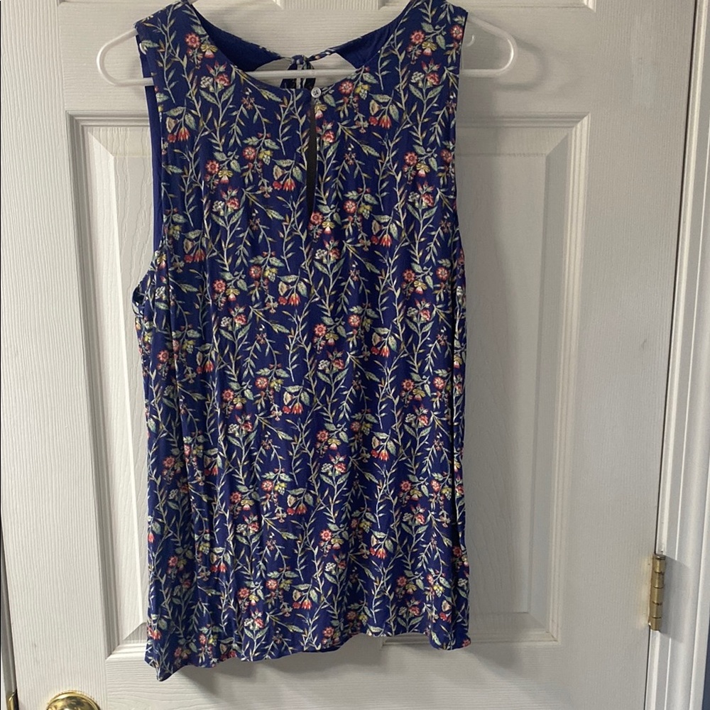 LOFT Blue Floral Blouse with Rounded Neckline